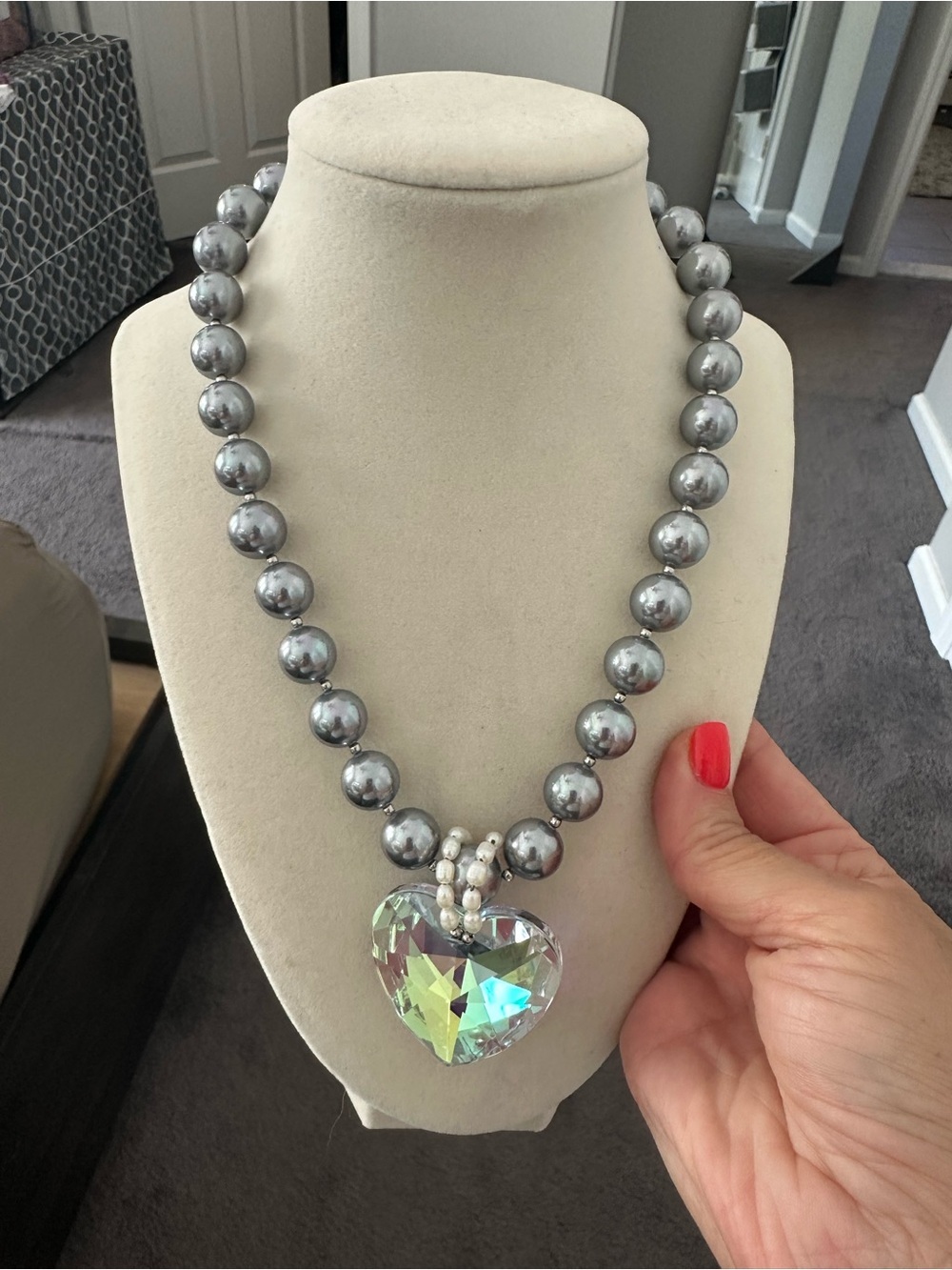 Iridescent Heart Pendant Necklace with Silver Beads